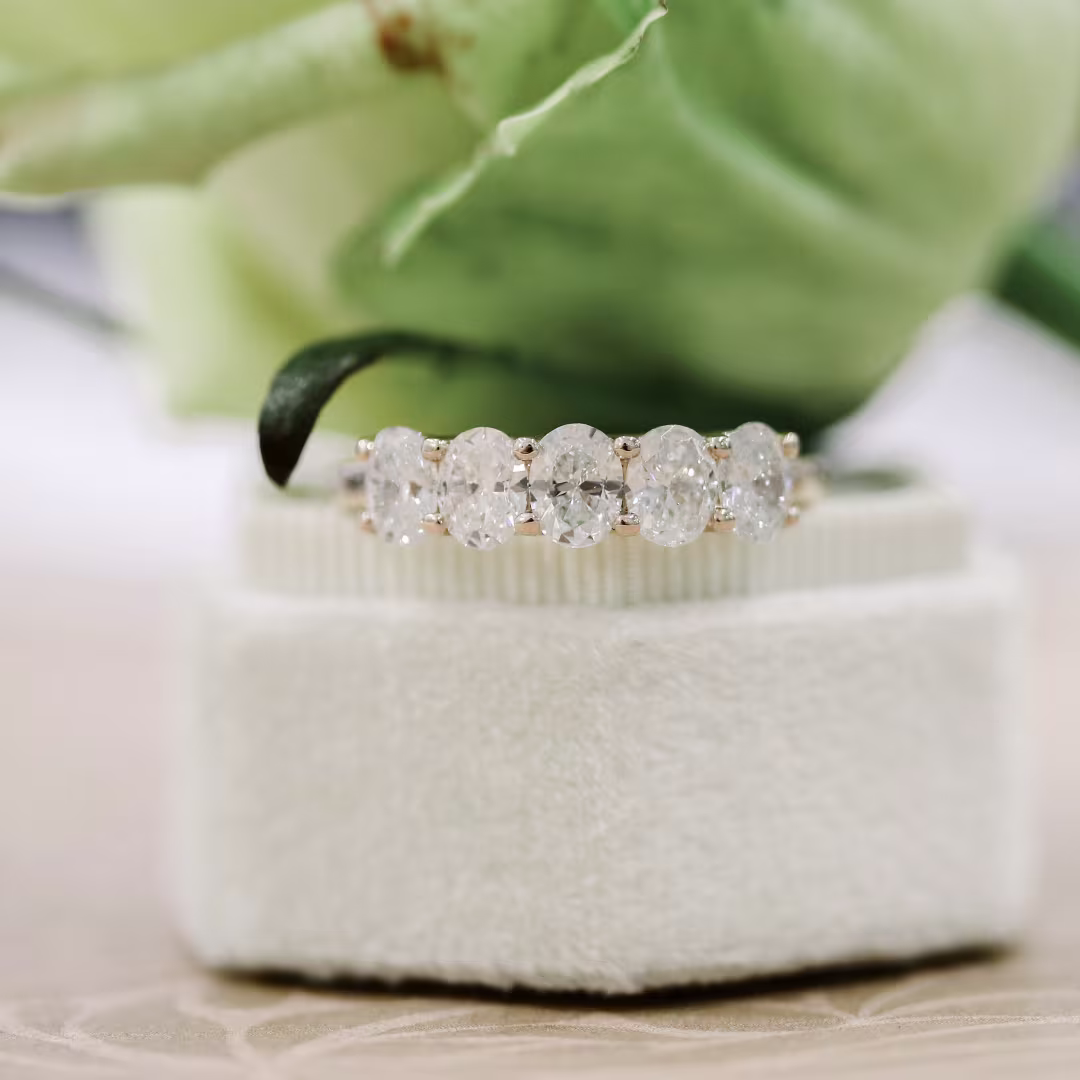 Rose Gold Oval Five Stone Lab Diamond Wedding Band Ada Diamonds Design Number AD-238 In White Box