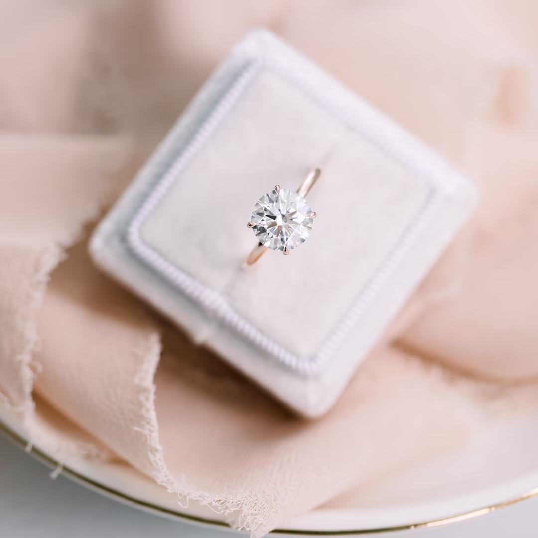 Exceptional Quality 2.0 ct Lab Diamonds set in 14k Rose Gold Round Petite Four Prong Solitaire Diamond Engagement Ring (Profile View)