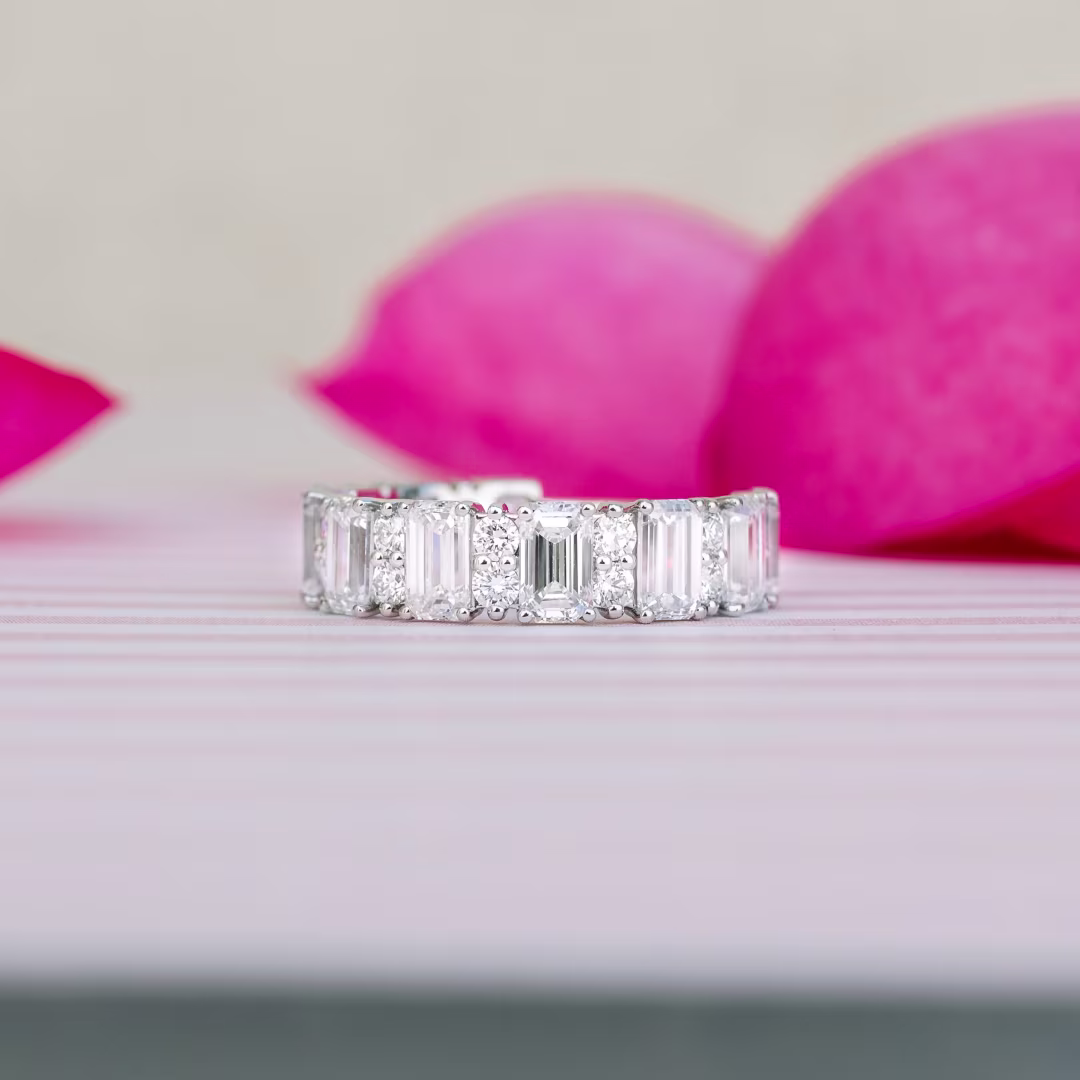 Platinum 3 Carat Emerald Cut and Round Lab Diamond Three Quarter Band Ada Diamonds Design AD-224 Artistic Image