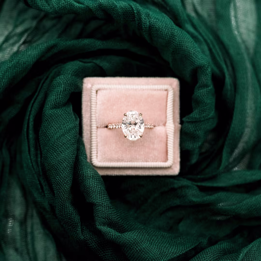 14k Rose Gold Oval Cathedral Pavé Engagement Ring with Hidden Halo Featuring Lab Diamonds Ada Diamonds Design AD190 Profile View in Box