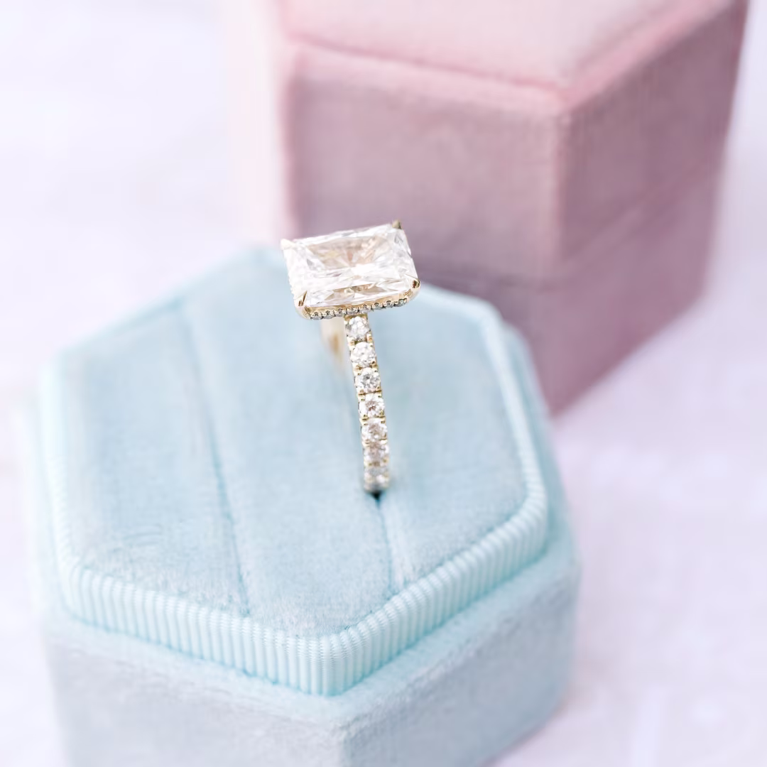 14k yellow gold 4 carat radiant cut lab diamond petite four prong pavé engagement ring ada diamonds design 229 profile view