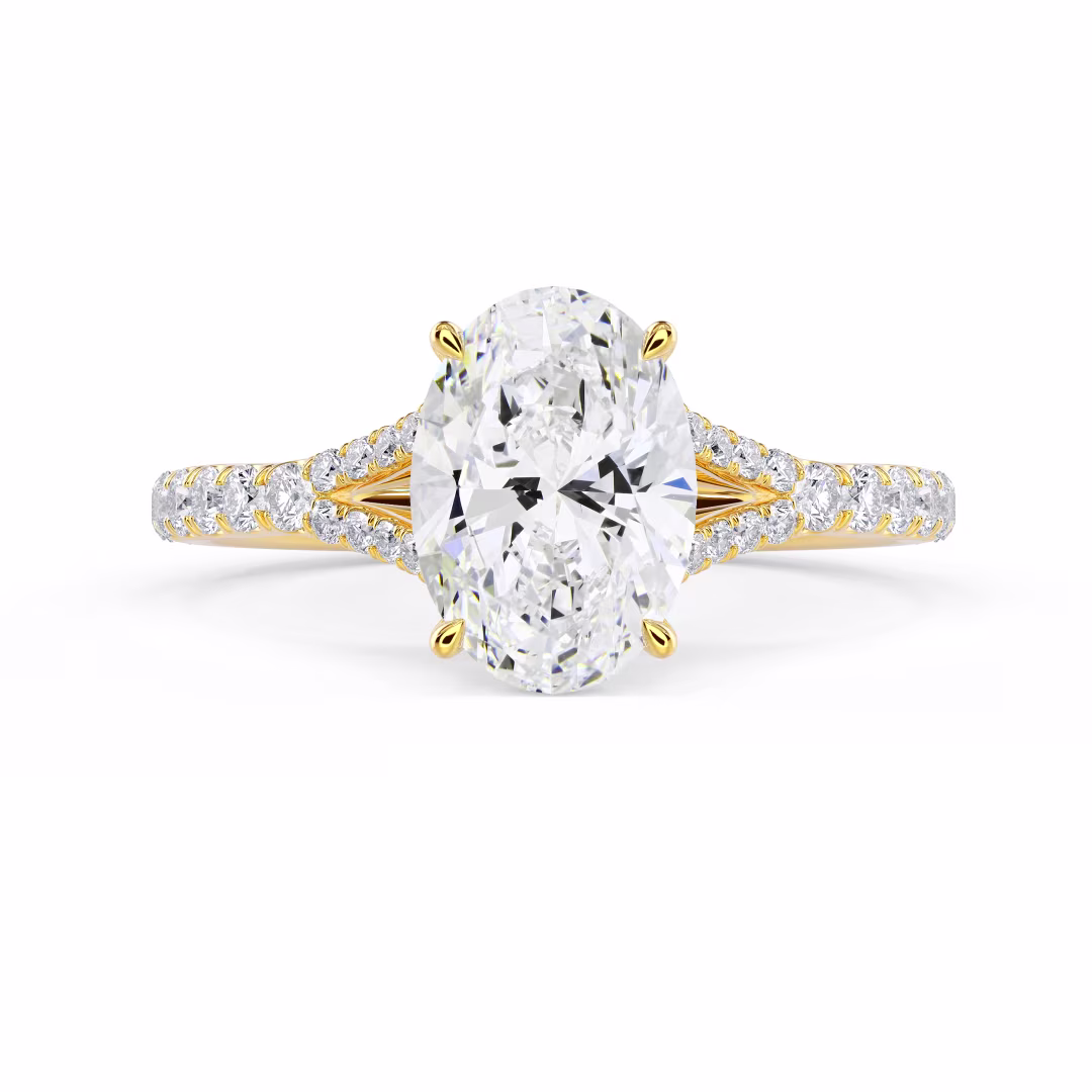 Exceptional Quality Lab Grown Diamonds set in Yellow Gold Trellis Split Shank Diamond Engagement Ring (Main View)