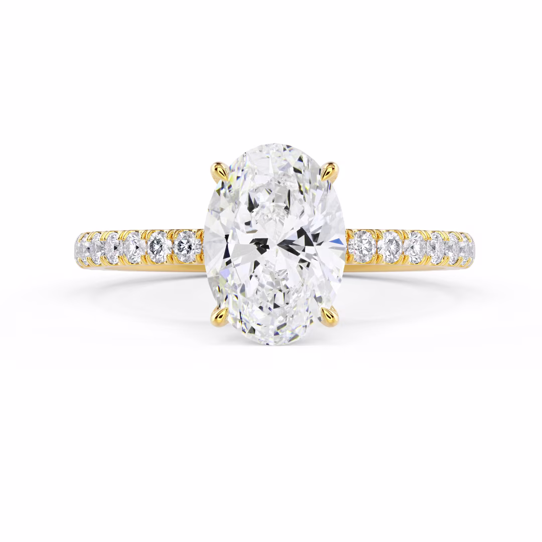 Yellow Gold Oval Petite Four Prong Pavé Setting featuring Exceptional Quality Diamonds (Main View)