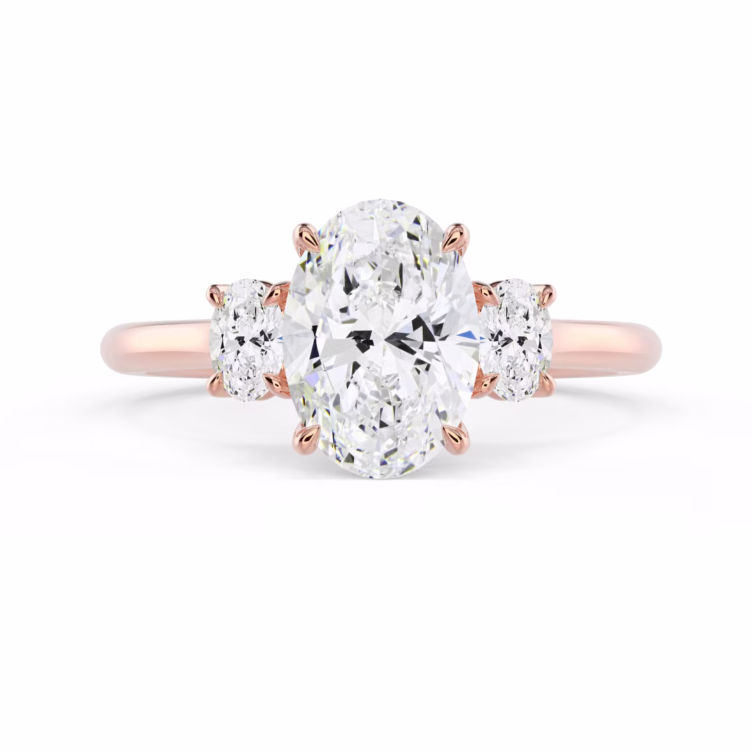 Hand Selected Man Made Diamonds set in Rose Gold Oval Three Stone Setting (Main View)