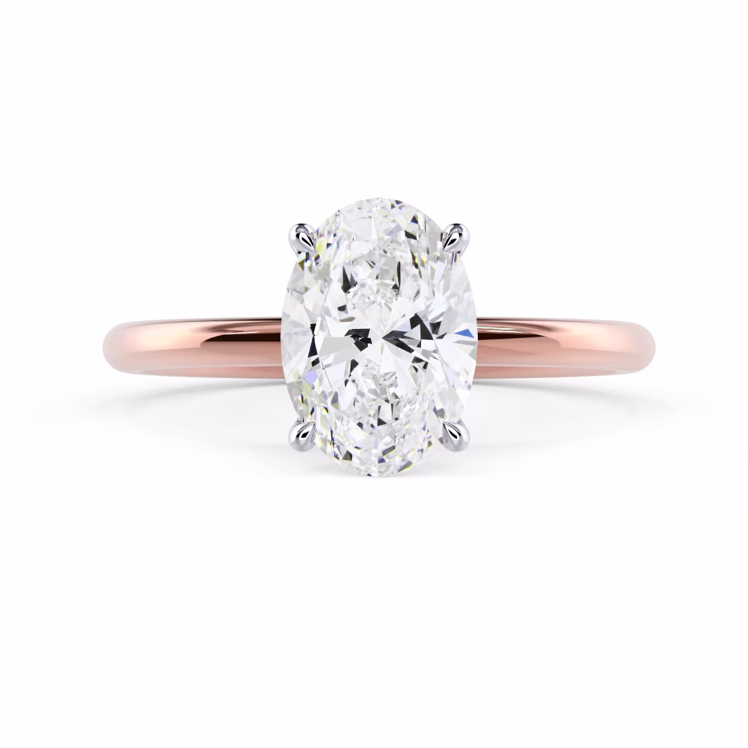 High Quality Man Made Diamonds set in Rose Gold Oval Classic Four Prong Solitaire Diamond Engagement Ring (Main View)