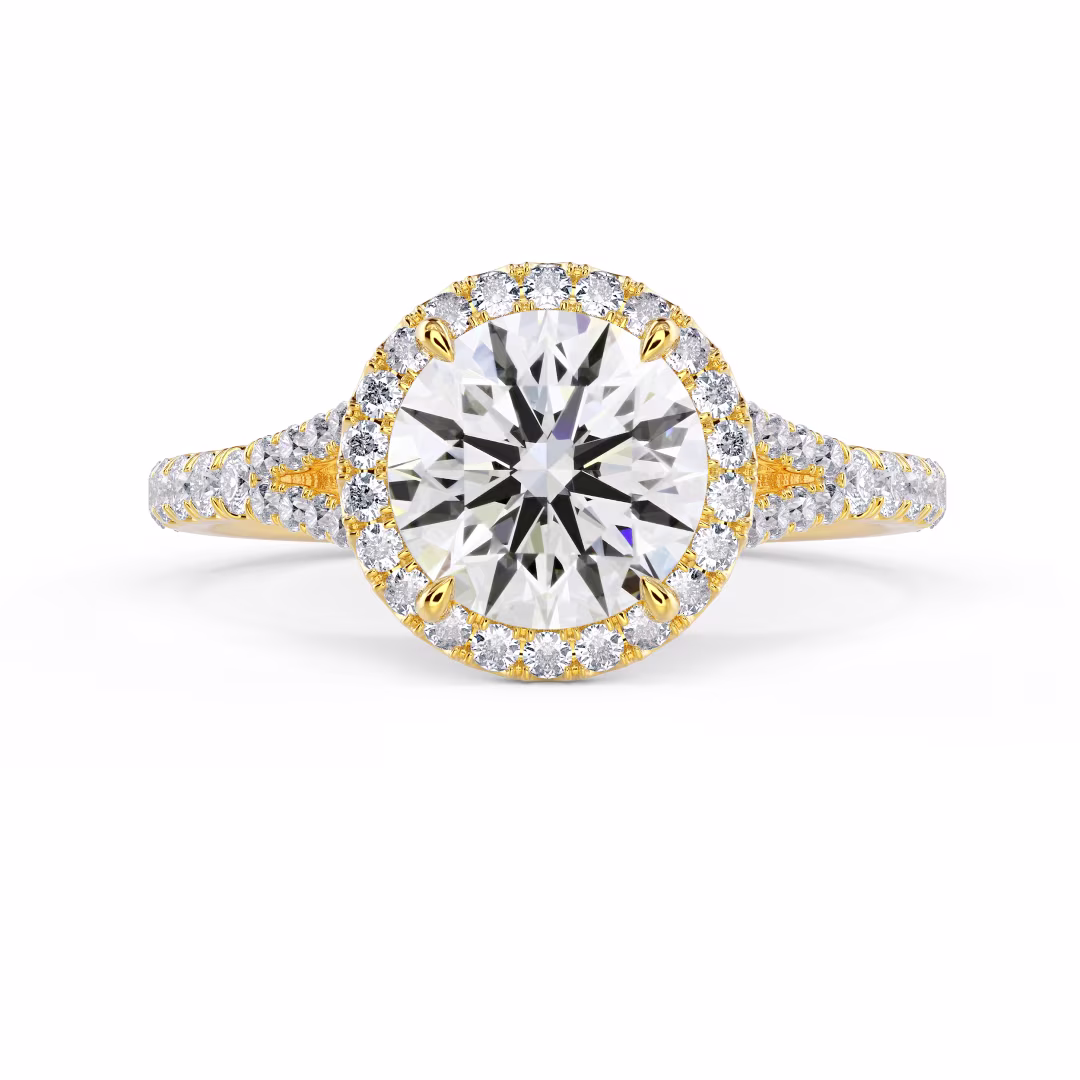 Yellow Gold Single Halo Split Shank Setting featuring High Quality Lab Diamonds (Main View)
