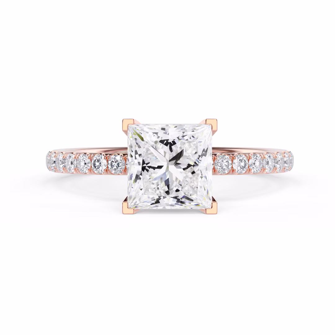 Diamonds Princess Petite Four Prong Pavé Setting in Rose Gold (Main View)