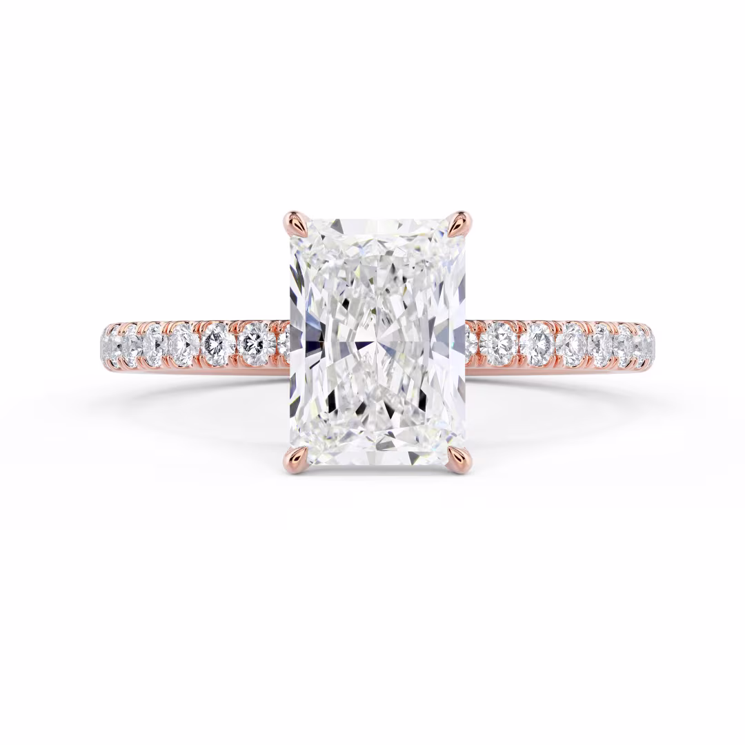 Rose Gold Radiant Petite Four Prong Pavé Setting featuring Diamonds (Main View)