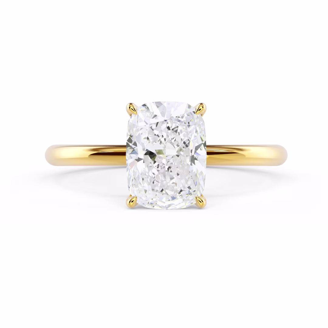 Created Diamonds set in Yellow Gold Cushion Petite Four Prong Solitaire Diamond Engagement Ring (Main View)