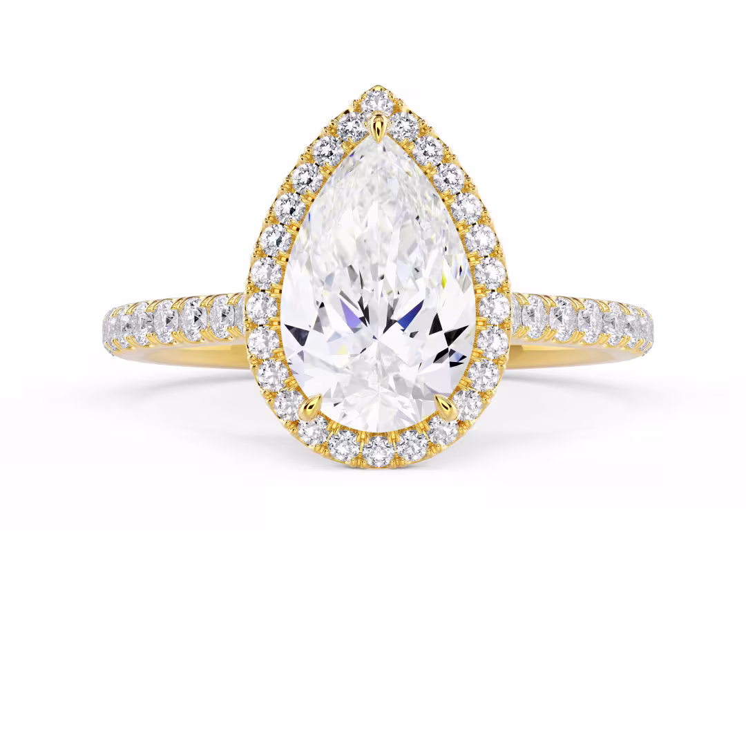 Yellow Gold Pear Halo Pavé Diamond Engagement Ring featuring Hand Selected Diamonds (Main View)