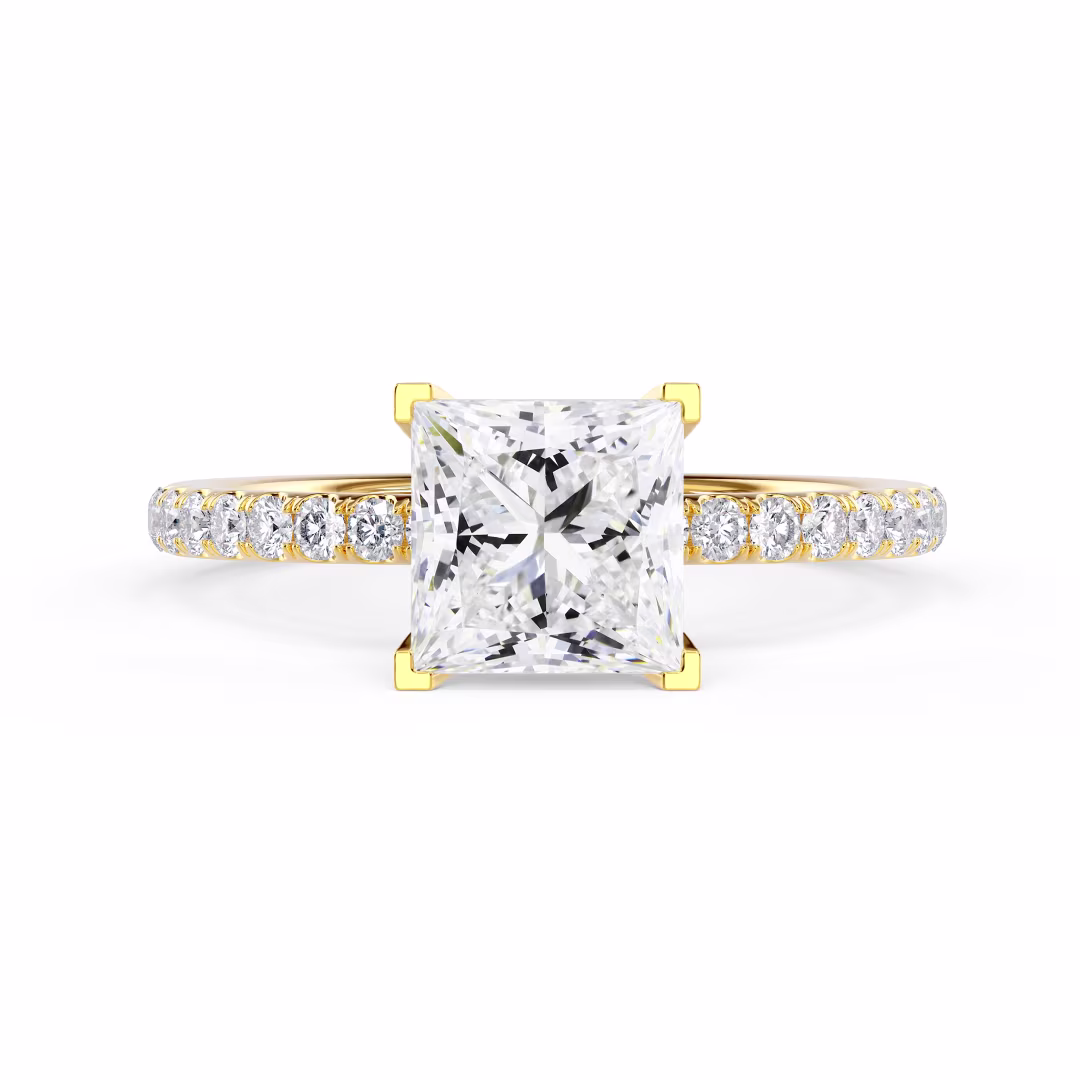 Yellow Gold Princess Petite Four Prong Pavé Setting featuring Exceptional Quality Man Made Diamonds (Main View)