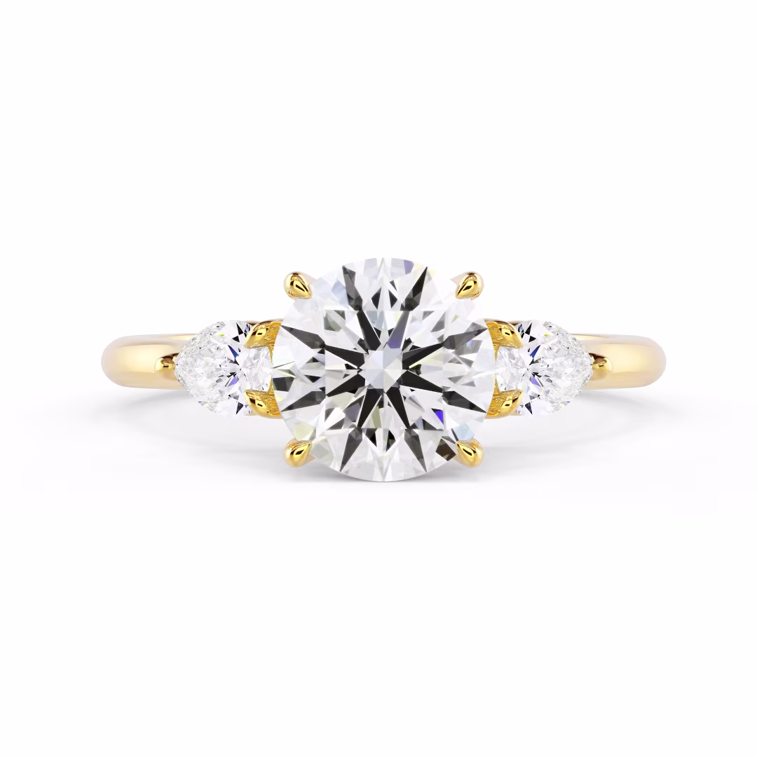 Yellow Gold Round and Pear Diamond Engagement Ring featuring Synthetic Diamonds (Main View)