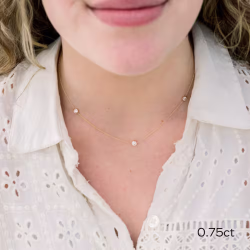 14k yellow gold bezel set three stone lab diamond necklace ada diamonds design ad 040 on model