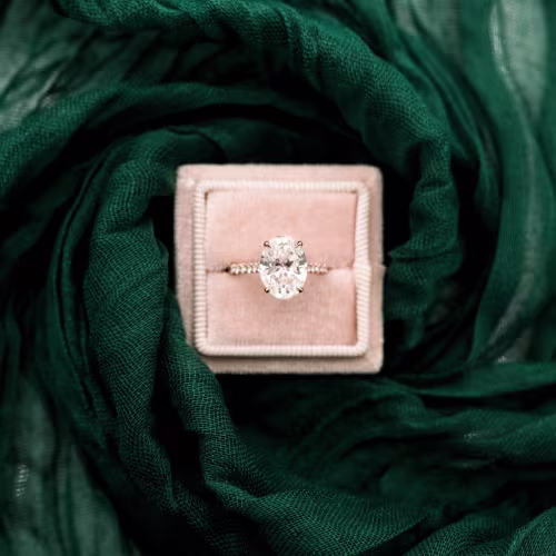 14k Rose Gold Oval Cathedral Pavé Engagement Ring with Hidden Halo Featuring Lab Diamonds Ada Diamonds Design AD190 Profile View in Box