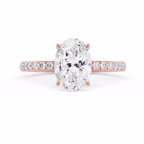 Rose Gold Oval Classic Four Prong Pavé Diamond Engagement Ring featuring Lab Diamonds (Main View)