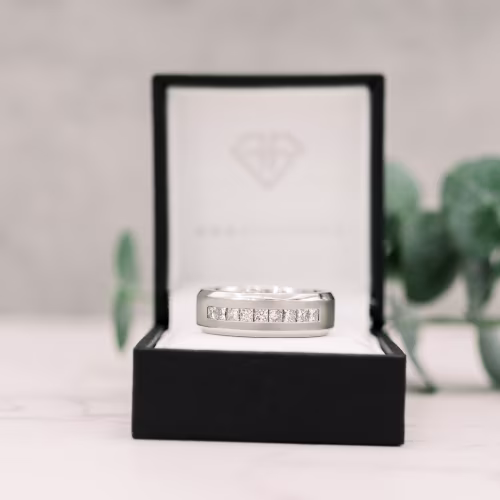 platinum princess cut lab diamond men's wedding band with beveled edge ada diamonds design ad 183 macro