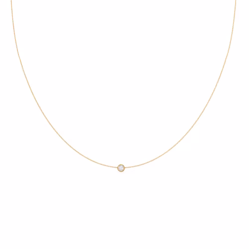 Yellow gold single bezel floating cosmopolitan necklace made with man made diamonds ADA Diamonds design number 039