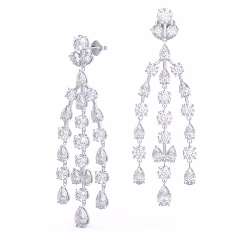 Round and Pear Three Strand Duet Earrings in 18k White Gold 11ctw