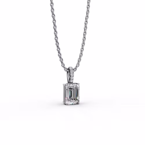18kt White Gold Classic Emerald Pendant with Pave Bail featuring Hand Selected 1.55 Carat Diamonds (Side View)