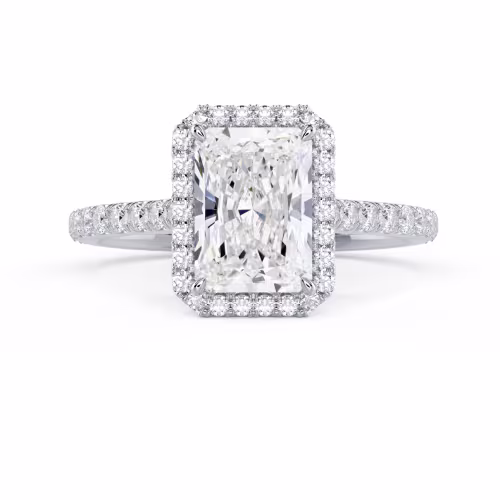 18k White Gold Radiant Halo Pavé Diamond Engagement Ring featuring 2.0 Carat Diamonds (Main View)