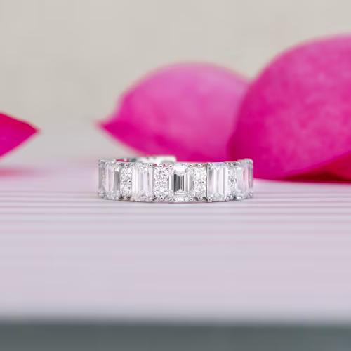 Platinum 3 Carat Emerald Cut and Round Lab Diamond Three Quarter Band Ada Diamonds Design AD-224 Artistic Image