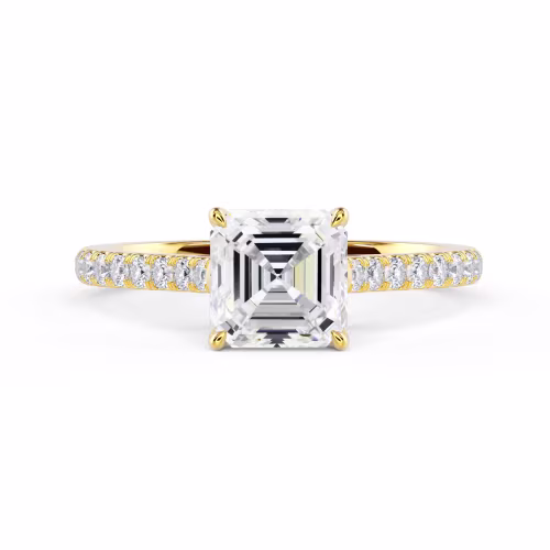 Exceptional Quality Created Diamonds Asscher Cathedral Pavé Setting in Yellow Gold (Main View)