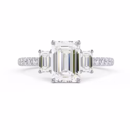 Diamonds Emerald Three Stone Pavé Setting in White Gold (Main View)
