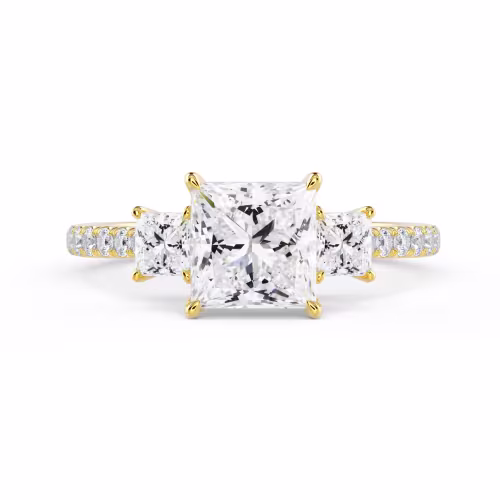 Yellow Gold Princess Three Stone Pavé Diamond Engagement Ring featuring Lab Diamonds (Main View)