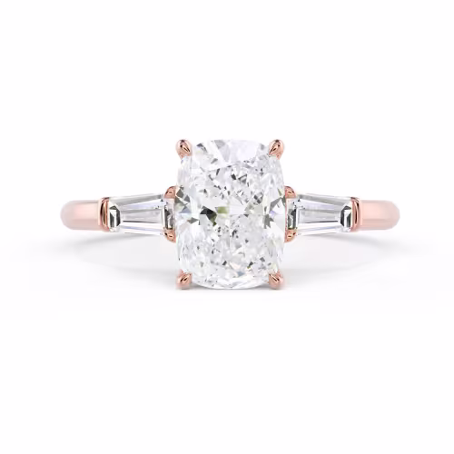 Lab Diamonds set in Rose Gold Cushion and Baguette Diamond Engagement Ring (Main View)