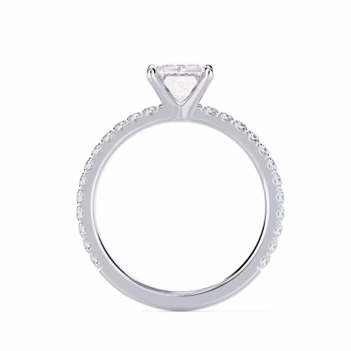 White Gold Emerald Classic Four Prong Pavé Diamond Engagement Ring featuring Diamonds (Profile View)