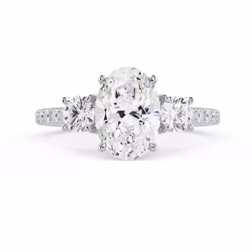 Synthetic Diamonds set in White Gold Oval and Round Three Stone Pavé Setting (Main View)