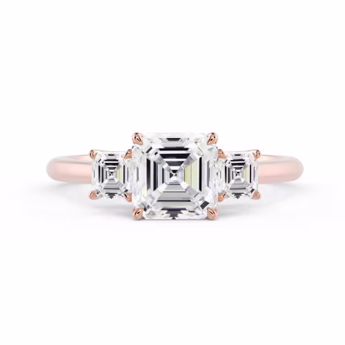 High Quality Lab Grown Diamonds Asscher Three Stone Diamond Engagement Ring in Rose Gold (Main View)