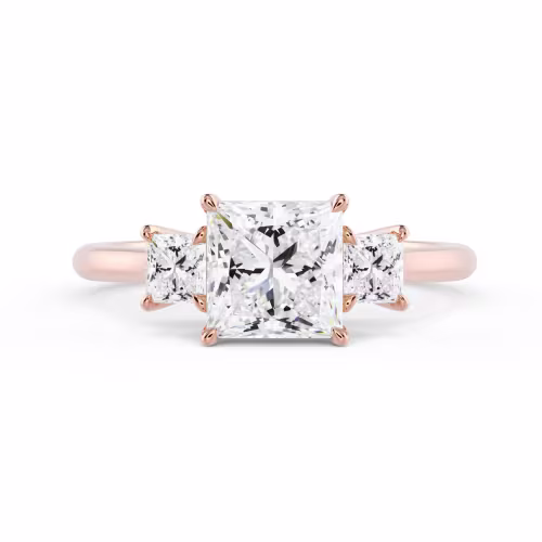 Rose Gold Princess Three Stone Setting featuring Man Made Diamonds (Main View)