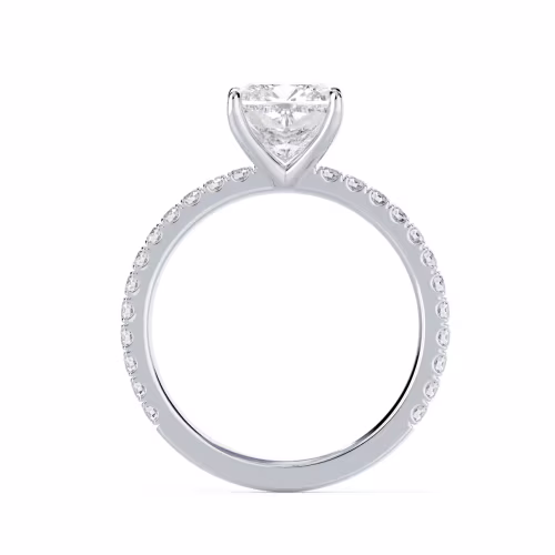 White Gold Cushion Classic Four Prong Pavé Diamond Engagement Ring featuring Hand Selected Lab Created Diamonds (Profile View)