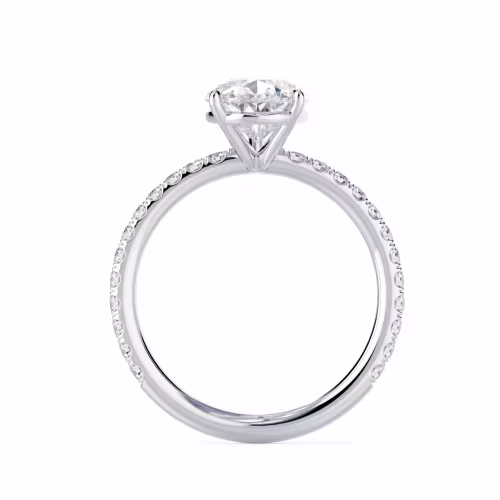 Synthetic Diamonds Pear Petite Pavé Diamond Engagement Ring in White Gold (Profile View)
