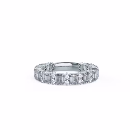 Emerald and Round Lab Grown Diamond Wedding Band Rendering In Front View AD224