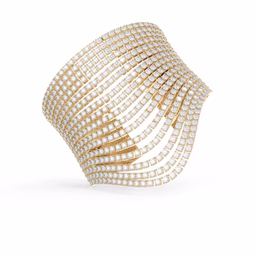 Waterfall Sixteen Rows of Lab Created Diamonds Cuff Bracelet in Yellow Gold Design-095