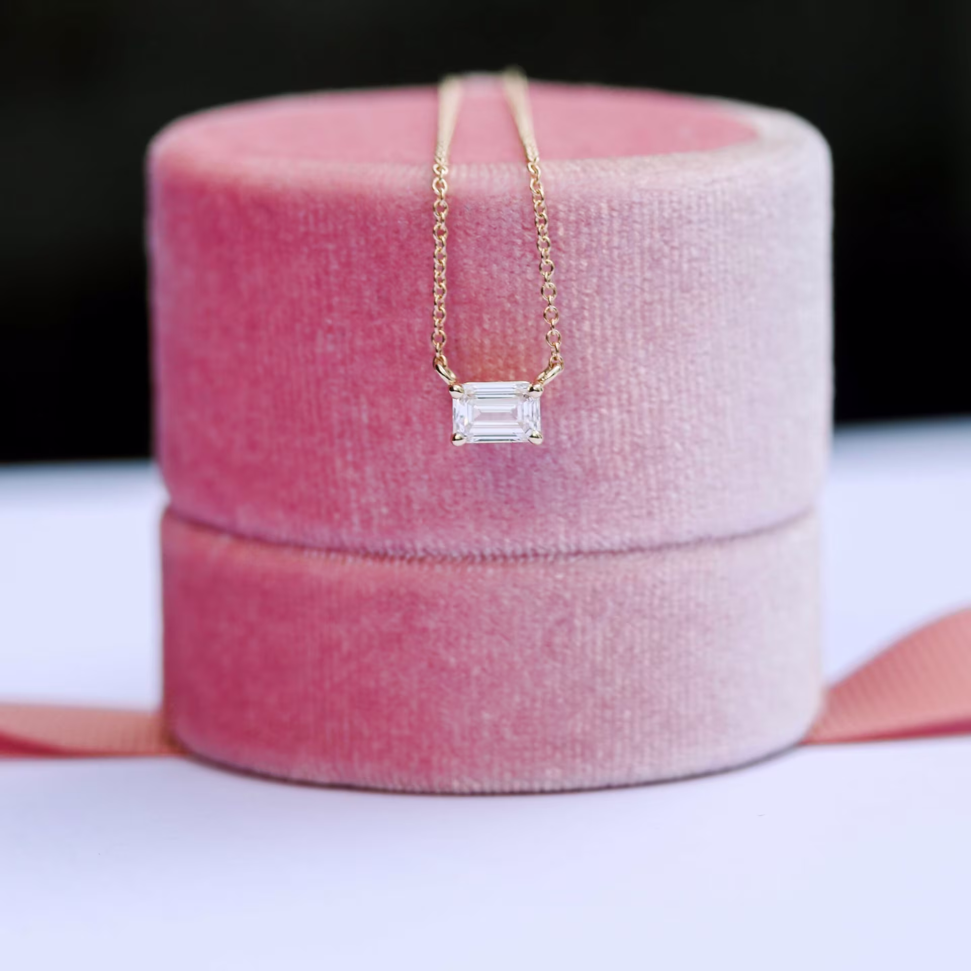 0.7 Carat Created Diamonds set in 14 Karat Yellow Gold East-West Emerald Cut Diamond Pendant (Main View)