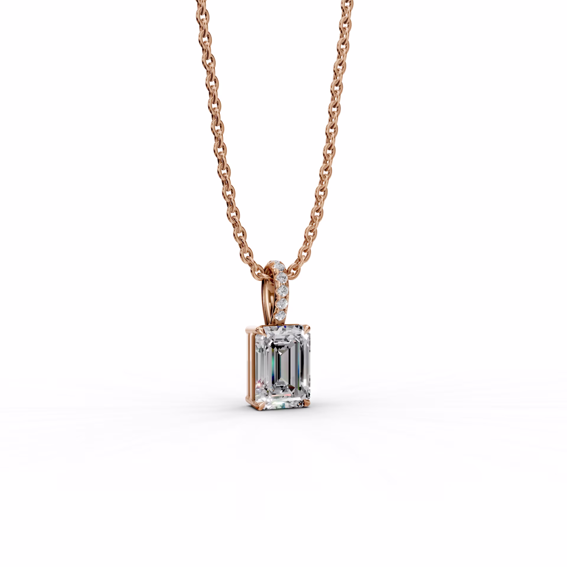 1.55 Carat Lab Diamonds set in 14k Rose Gold 1.55ctw Emerald Cut Diamond Pendant with Pave Diamond Bail in 14k Rose Gold (Side View)