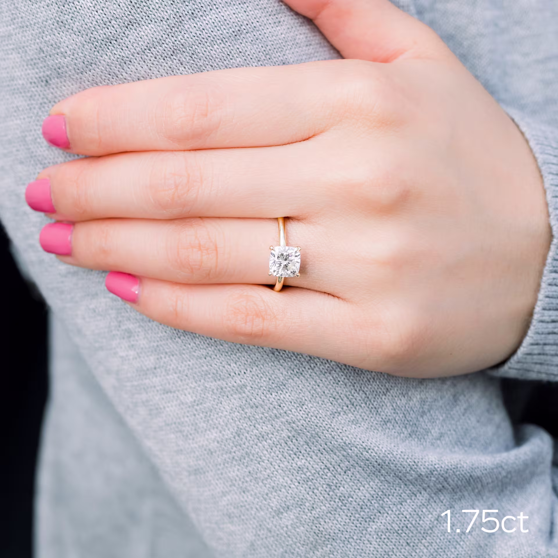 1.75ct cushion cut lab diamond in classic four prong solitaire