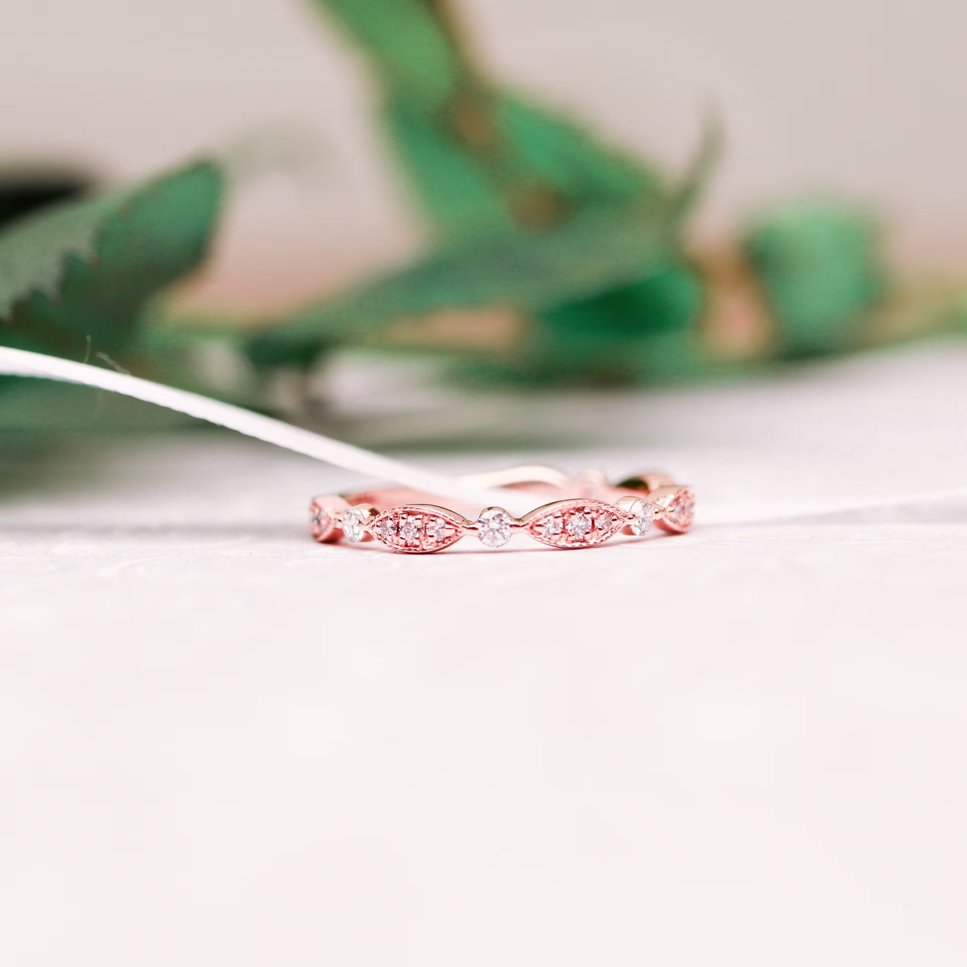 14k Rose Gold Leaf Shaped Lab Diamond 3/4 Eternity Band Ada Diamonds Design Number AD216 in Black Box