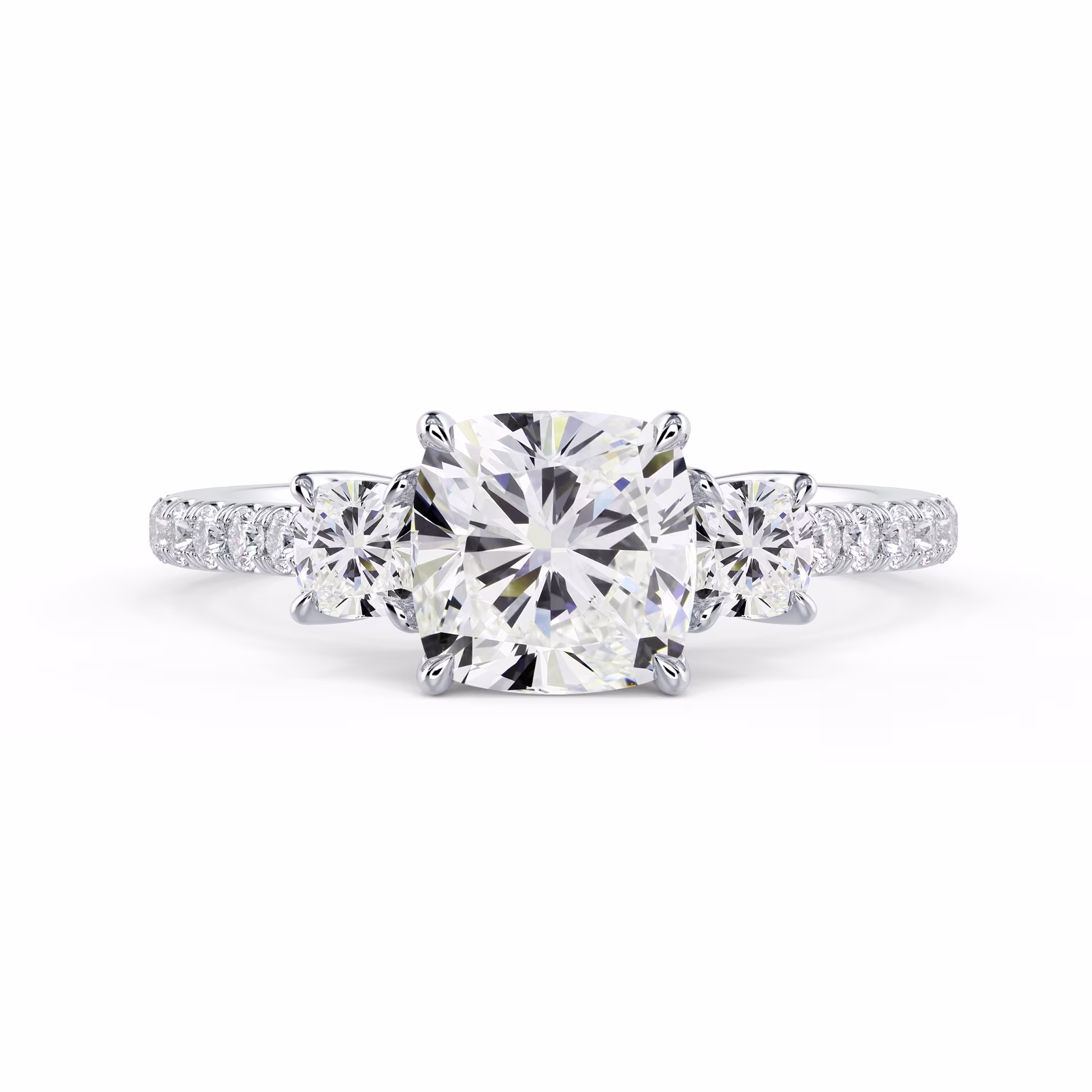 White Gold Cushion Three Stone Pavé Diamond Engagement Ring featuring 2.0 Carat Diamonds (Main View)