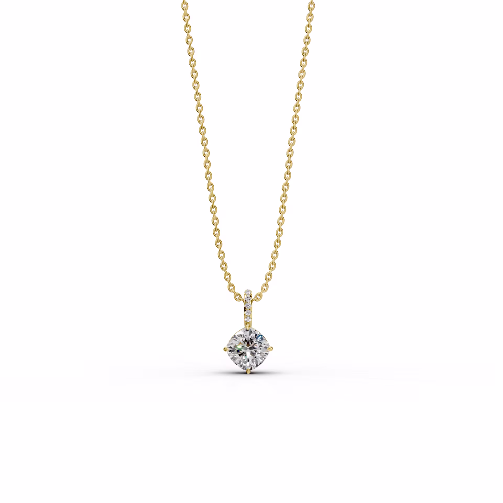 2.05 ctw Lab Created Diamonds set in 14k Yellow Gold 2.05ctw Cushion Cut Diamond Pendant with Pave Diamond Bail in 14k Yellow Gold