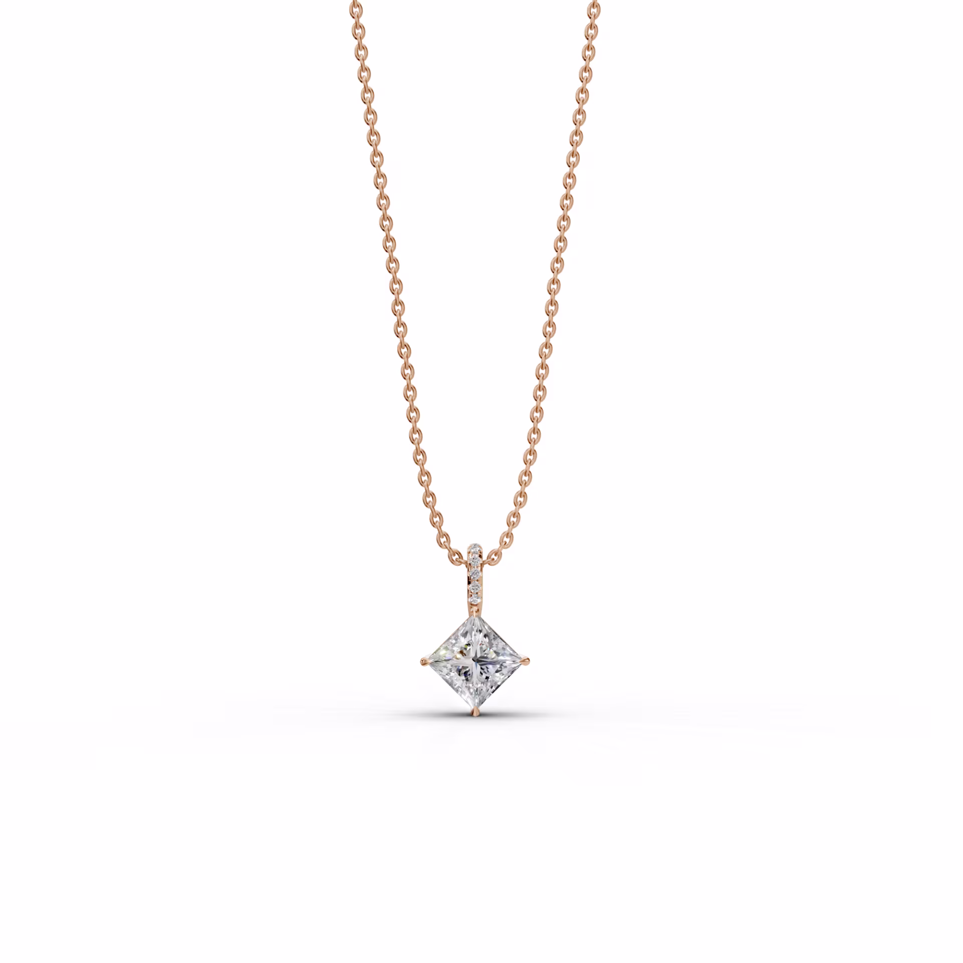 2.05 Carat Lab Created Diamonds set in 14k Rose Gold 2.05ctw Princess Cut Diamond Pendant with Pave Diamond Bail in 14k Rose Gold (Main View)
