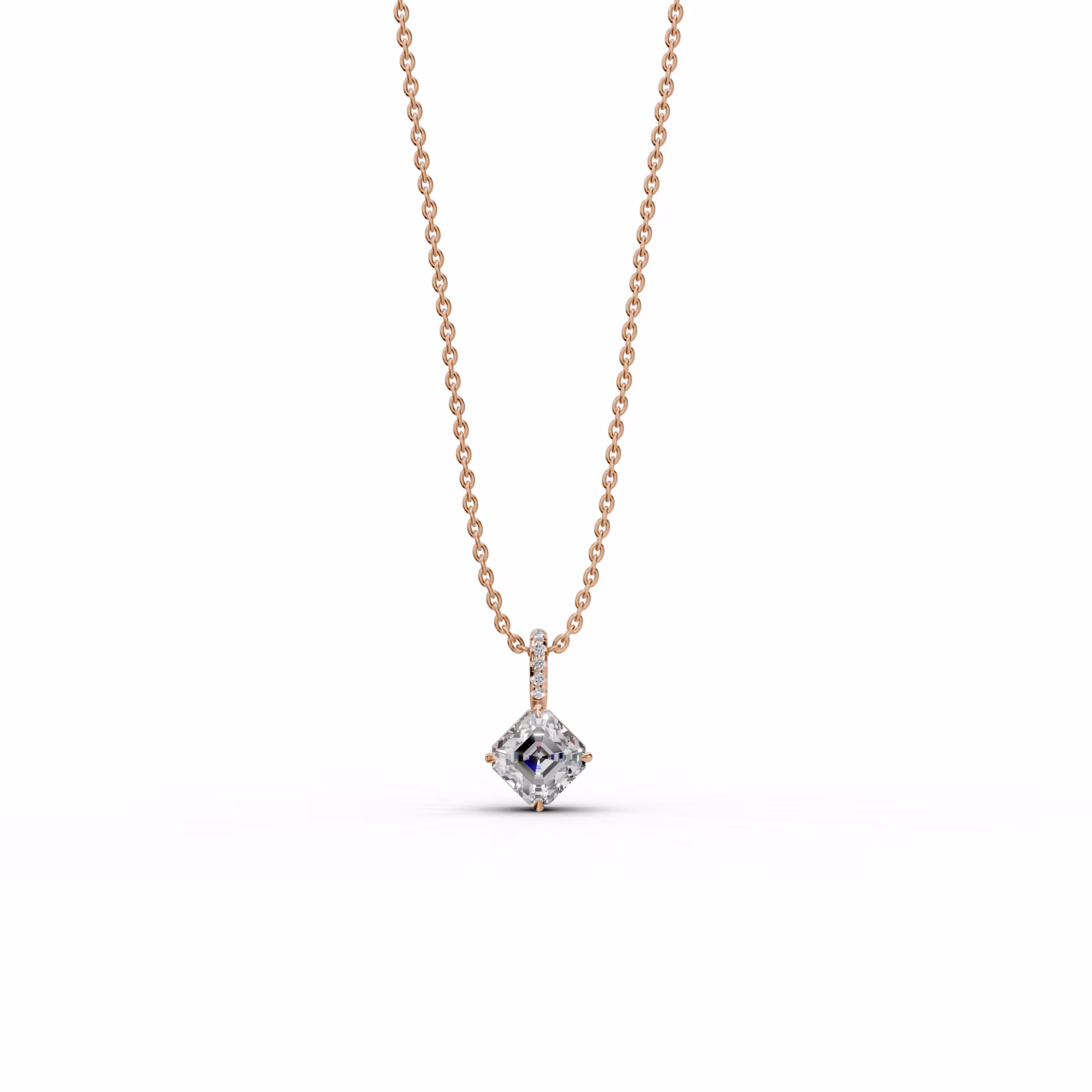 2.05 ct Lab Diamonds set in 14k Rose Gold Classic Asscher Pendant with Pave Bail (Side View)