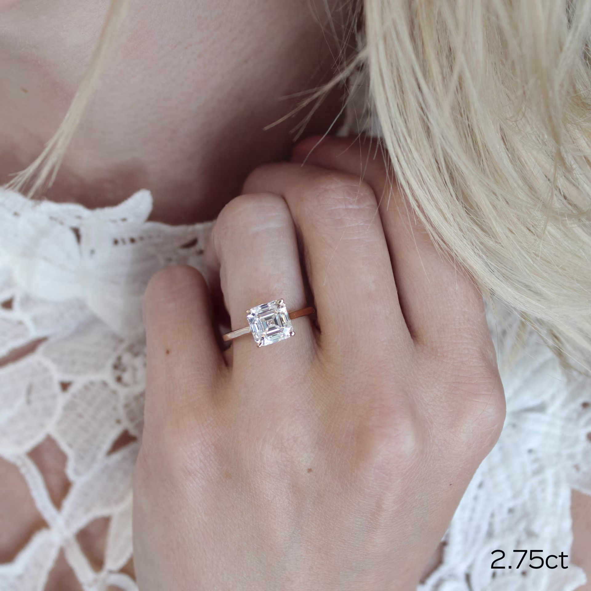 Rose Gold 2.75ct Asscher Lab Diamond Solitaire Engagement Ring Ada Diamonds Design AD-188 on Model