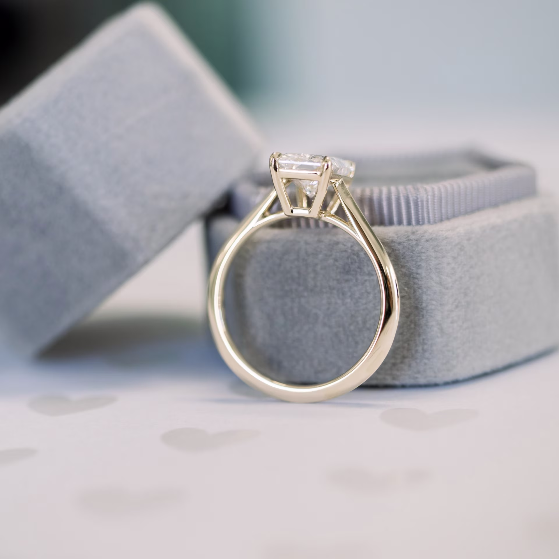 14k Yellow Gold Radiant Cathedral Solitaire Diamond Engagement Ring featuring Hand Selected 2.0 ct Lab Diamonds (Profile View)