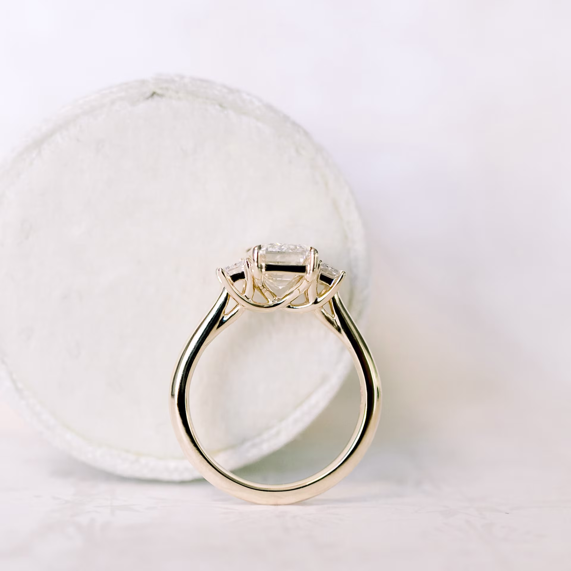 14k Yellow Gold 2.5 Carat Emerald Cut Three Stone Lab Diamond Engagement Ring Ada Diamonds Design AD-114 Profile View