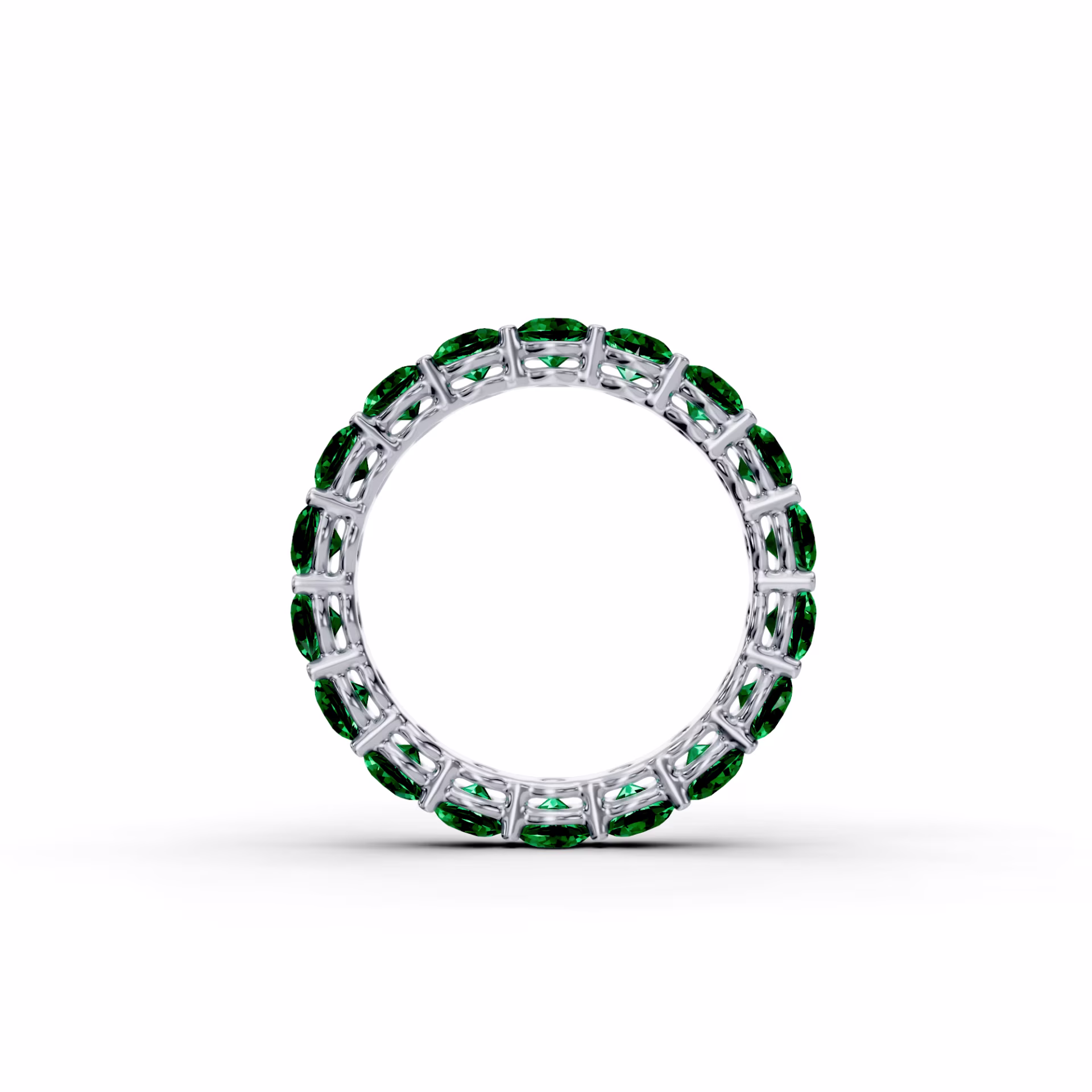 Platinum 3ctw Round Emerald Prong Set Eternity Band in Platinum (Profile View)