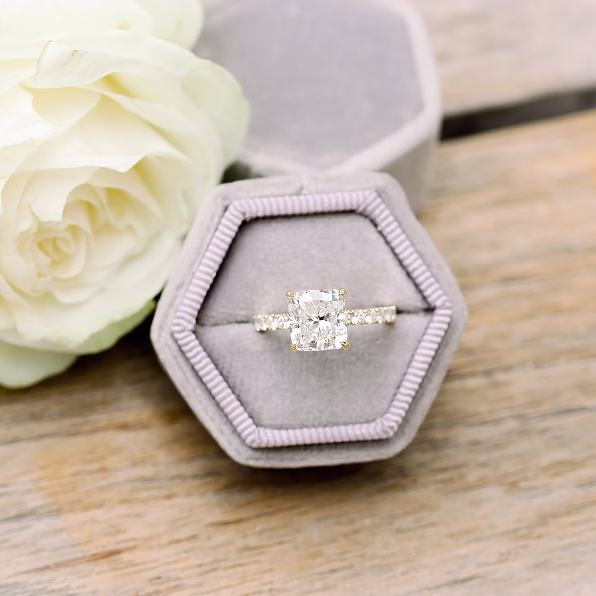 2.25 ct Lab Grown Diamonds set in 14k Yellow Gold Cushion Petite Four Prong Pavé Setting (Profile View)
